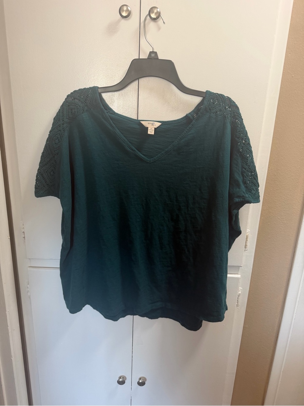 Women’s Dark Teal V-Neck Top with Crochet Sleeves 2X (20w-22w)